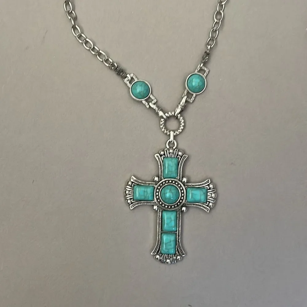 Turquoise Silver Cross Necklace A1264